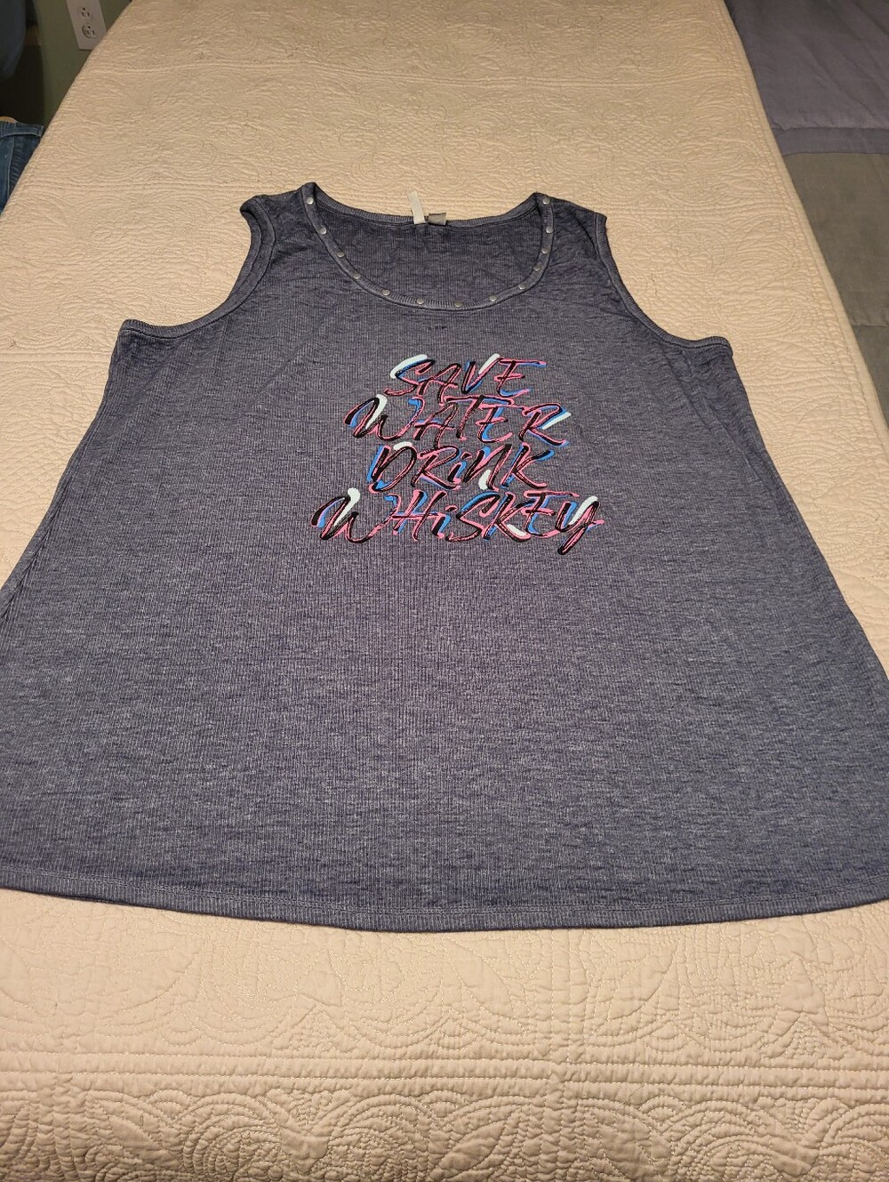 Cato Heather Blue Graphic Tank with Multicolor Script